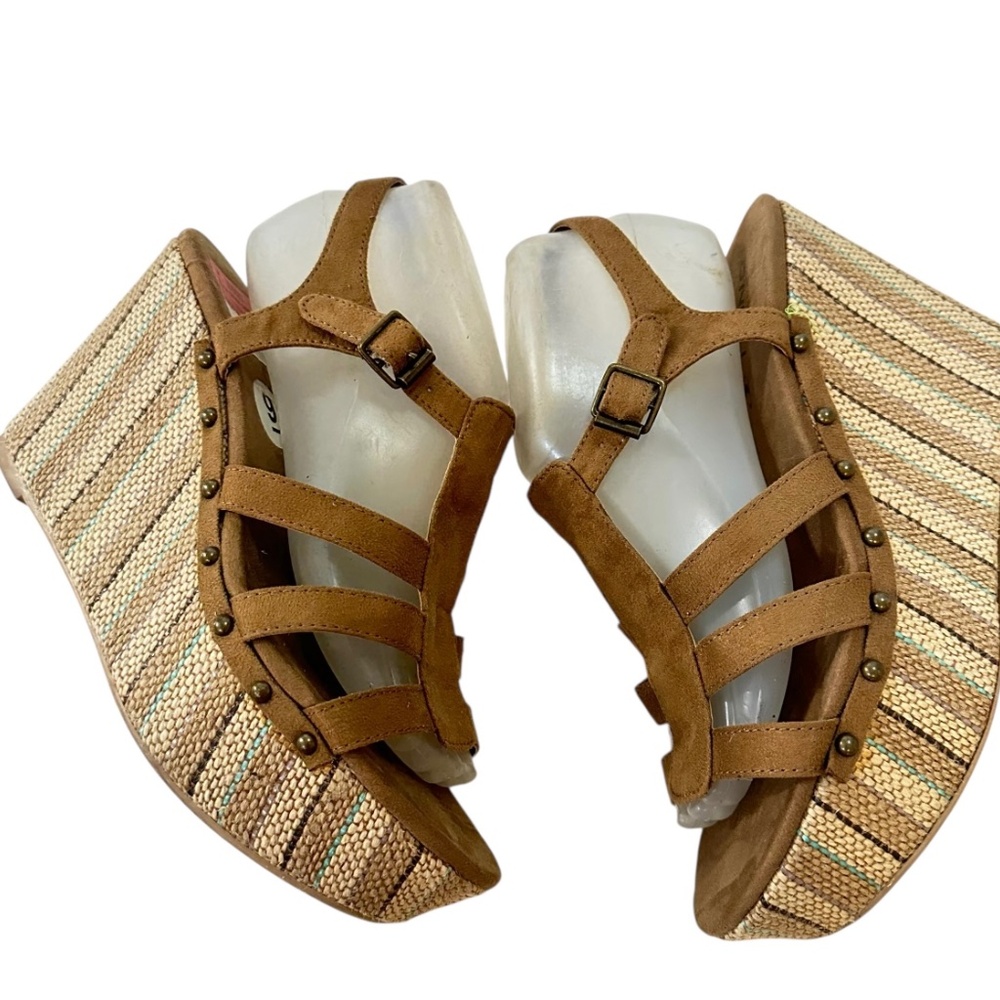 O'NEILL Sequoia Cognac Suede Striped PLATFORM WEDGE SANDALS Sz 9
